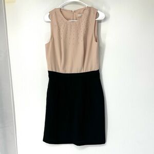 LOFT Nude and Black Sleeveless Pearl-Embellished Sheath Dress